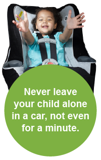 Image of child in car seat with the warning to never leave your child alone in a car